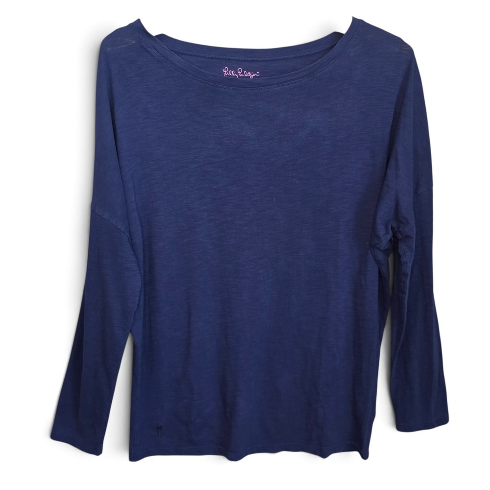 Lilly Pulitzer Top Womens Medium Navy Blue Pima Cotton Slub Boatneck Long Sleeve